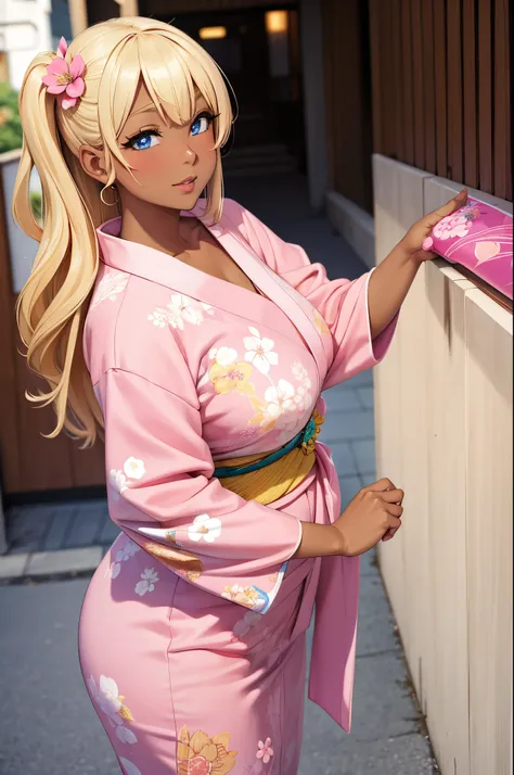 Female Gyaru, Hime cut Blonde hair, Blue eyes, dark brown skin, large breasts, wearing a white and pink yukata with floral accents