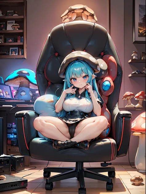 (RAW Photos, Best Quality), (animesque: 1.2), Solo, ((e-sports, Gaming PC made of mushrooms)), ((Mushroom-shaped PC that shines in seven colors)), (((gaming mushroom))), woman playing, enthusiastic, supreme curvaceous beauty, (Gaming Chair), (((Computer Ro...