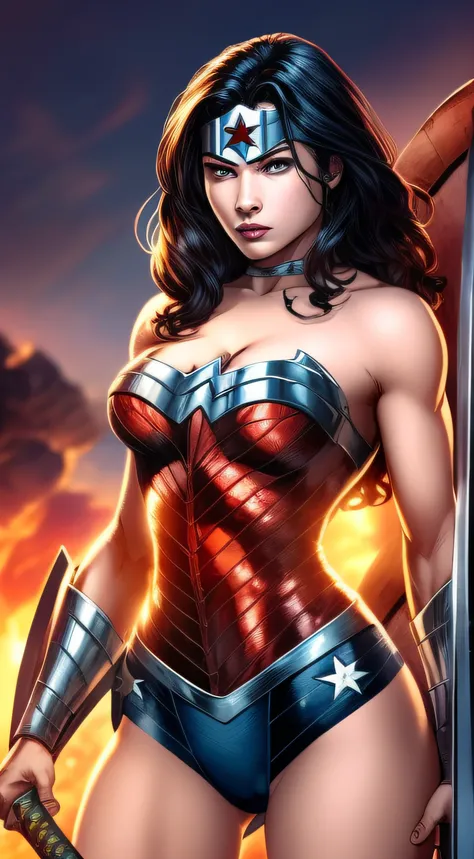 Wonder Woman, 1 girl, single, tall, holding sword and shield, muscle, wearing black and red armor with small gold lines, long black hair, best quality, masterpiece, breast, beautiful face, realistic face, battlefield in the background, high resolution