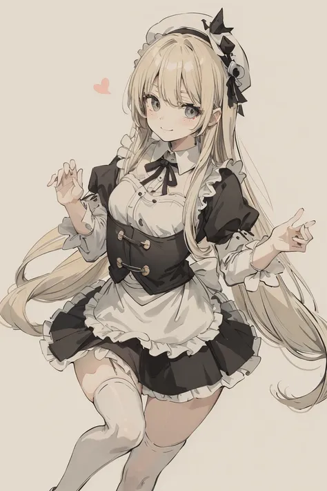 sparrow, a blonde haired girl, wearing a maid clothes, long hair, hair, black skirt, black maid uniform, slim body, teen, curious face, praying pose, seductive smile, mini skirt, white beret, medium breasts, white stocking