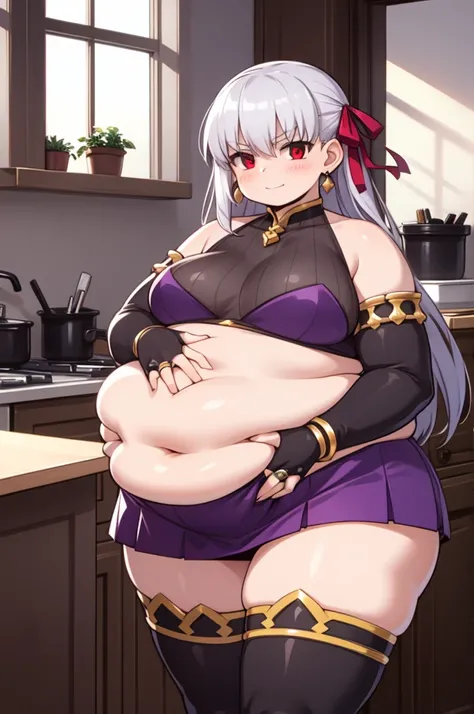 obese fgokama, kama, hair ribbon, (red eyes:1.5), red ribbon, ribbon, long hair, white hair,
BREAK armlet, bare shoulders, bikini armor, fat arms, fat butt, bracelet, collar, detached sleeves, dress, earrings, floral print, jewelry, metal collar, miniskirt...