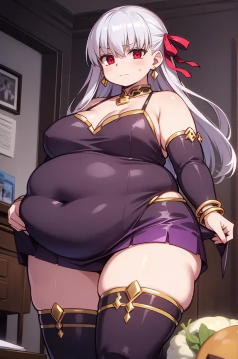 obese fgokama, kama, hair ribbon, (red eyes:1.5), red ribbon, ribbon, long hair, white hair,
BREAK armlet, bare shoulders, bikini armor, fat arms, fat butt, bracelet, collar, detached sleeves, dress, earrings, floral print, jewelry, metal collar, miniskirt...