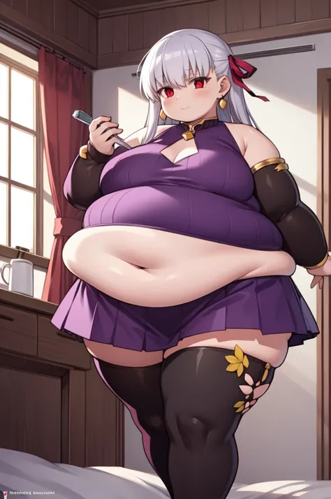 obese fgokama, kama, hair ribbon, (red eyes:1.5), red ribbon, ribbon, long hair, white hair,
BREAK armlet, bare shoulders, bikini armor, fat arms, fat butt, bracelet, collar, detached sleeves, dress, earrings, floral print, jewelry, metal collar, miniskirt...