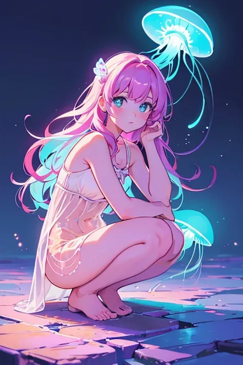 Extraordinary resolution, super detail, highest quality, looking at the sea moon, glowing jellyfish neon lights, one girl, crouching,
(Cute illustration:1.2),