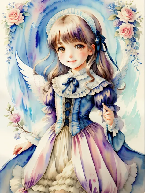 illustratio、watercolor paiting、 Fantasia、 victorian angel、length hair、cute little、Deformed、portraitures、Smile