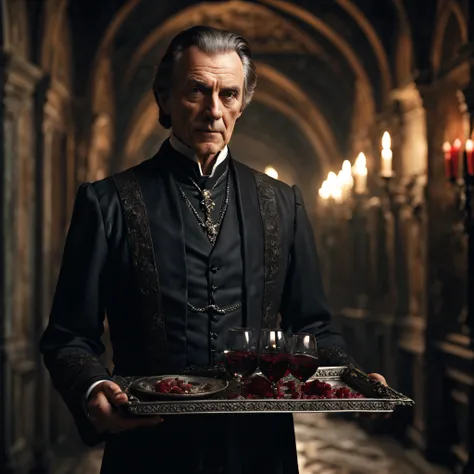 movie scenes, (full-body close-up), an ancient vampire butler, 60 years old, brown hair, dressed in a medieval black dress and holding a ornate silver tray with a bottle of crimson blood and a pair of delicate wine glasses, corridors, walking, mysterious, ...