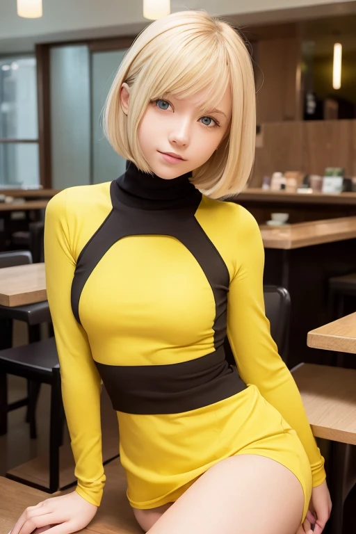 a very cute blonde 14yo girl wearing vivid darker yellowgreen chest-hole-cut-out breast-exposing turtleneck, sitting in cafe posing for picture, bob-cut hair, small breast, raw photo