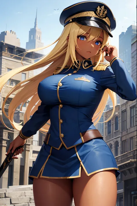 Female, Hime Cut Blonde hair, Blue eyes, dark brown skin, large breasts, wearing a military uniform and military cap and wielding a sword. A city background during the day time.