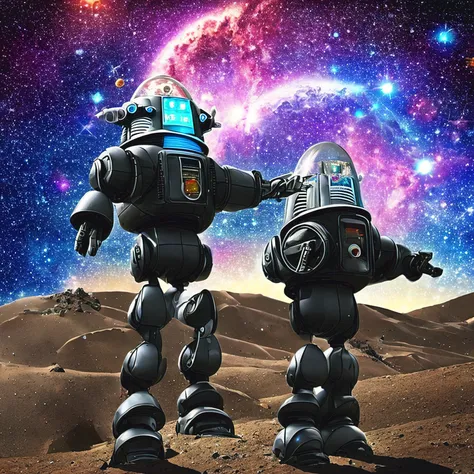 robby3  1robot a black robot on an alien planet with stars and moons in the the background