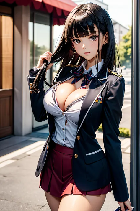 ((Best Quality)), ((masutepiece)), (Detailed), Perfect face　a beauty girl　cleavage of the breast　To wear the standard clothes provided to female students at Private Hyakkao Academy　red uniform blazer　Black miniskirt　long, thick black hair　 Blunt bangs