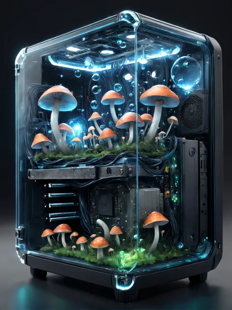 Computer case prototype, Transparent as glass, Full of cute high resolution glowing mushrooms + : There are snail-like creatures inside the computer case，There are small bubbles，vividness，A high resolution, microscopic details, Octagon rendering, photo-rea...