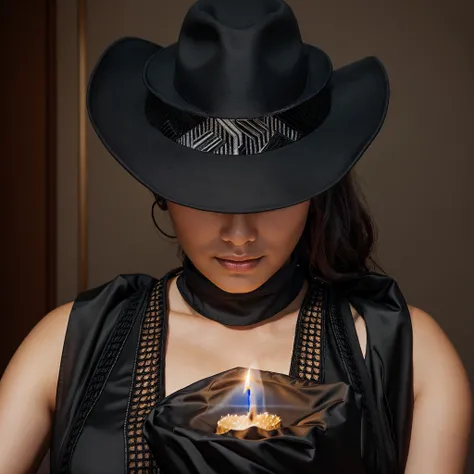 Young girl with black hat and black outfit, sitting in front of candle, dari shots