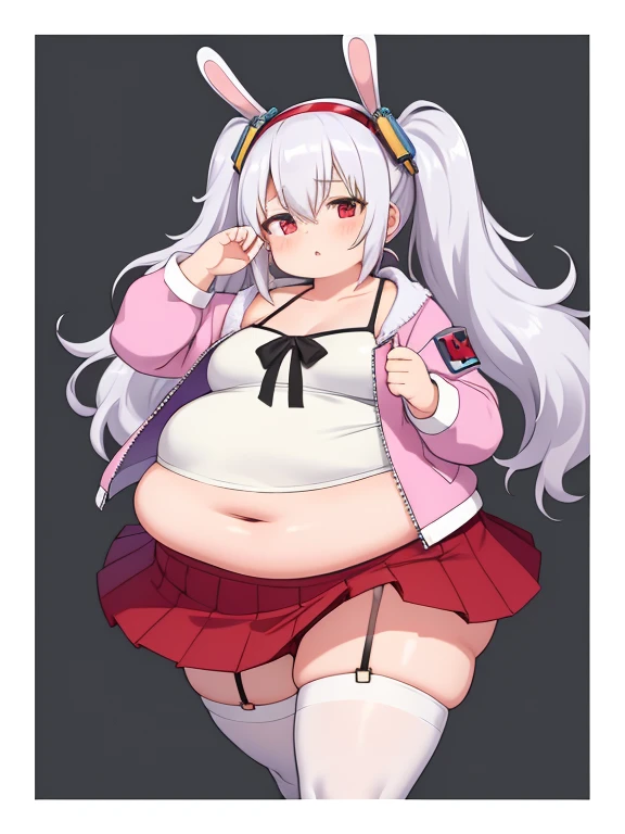 (masterpiece, best quality:1.2),illustration,8k,hd,obese 1girl,solo,animal_ears,rabbit_ears,red_eyes,white_hair, loli, obese loli, flat breasts, small height, twintails,long_hair,hair_between_eyes,bangs,hairband,very_long_hair,fake_animal_ears,hair_ornamen...