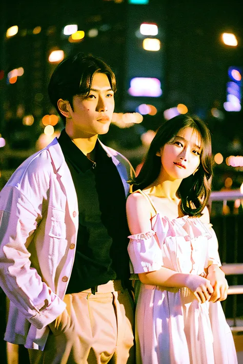 two couples are starred each other, at the middle of the park, blooming night with the city light vibes, blooming flower vibes, finely detailed skin, Korean style lighting, poster korean drama style, detailed face:1.2, sharp focus, Hasselblad photography, ...