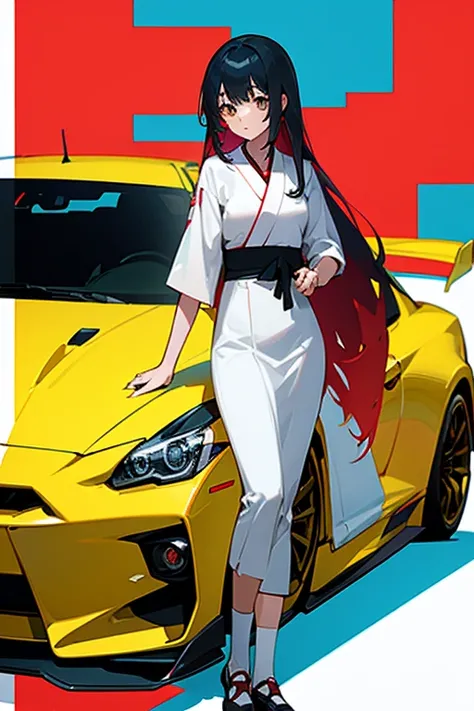 um dia ensolarado，Young Japanese girl with long hair standing in front of Toyota GTR 3, Colorful manga anime style