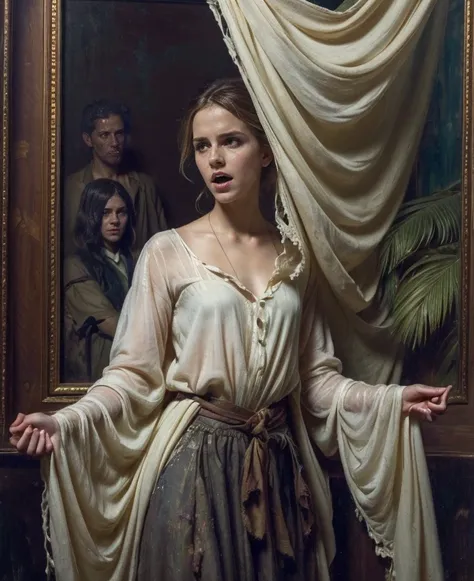 Wooden frame, (ghost, spitits), Emma Watson, medium shot, (palms pressed against canvas) ghostly body, tattered ghostly clothes, (detailed clothes), ghost in background, spirit energy, trapped in a haunted oil painting, painting frame, hyperrealism, ghostl...