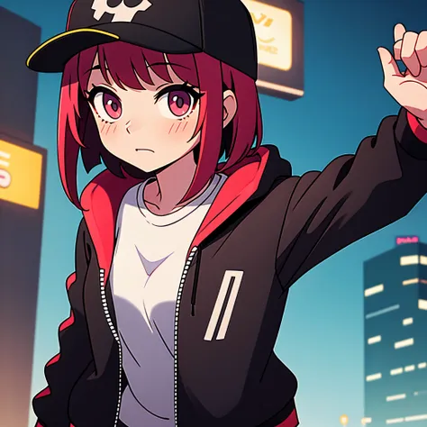 Only one girl, 1girl, wearing a demin jacket, bob hairstyle, wearing a baseball cap, at neon city, wearing a hand sleeve, looking at the viewer, mad, blushing