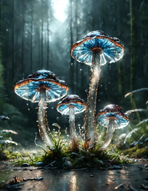 Transparent mushrooms with melted glass，Cogumelos，laser effect，Caustics，Super artistic expression，ultra-realistic realism，clean backdrop，macro，Natural soft light，super detailing，OC Render，8K