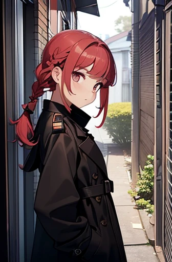 full bodyesbian, fluffy hair,Red hair,Fishing eyes, (((Braided shorthair))), ((asymmetrical length pigtails)), ((Keep your hair down)), Slightly red tide,Gold eyes,Black military uniform, Staring at me, Smile with a kind face, dark apartment late at night,...