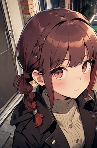 full bodyesbian, fluffy hair,Red hair,Fishing eyes, (((Braided shorthair))), ((asymmetrical length pigtails)), ((Keep your hair down)), Slightly red tide,Gold eyes,Black military uniform, Staring at me, Smile with a kind face, dark apartment late at night,...