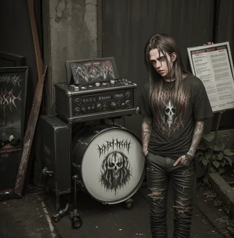 Metalhead wear shirt blasphemy >boy played drum in concert,long hair,band metal, black metal, dark,drumer,rock,opeth,wet hair