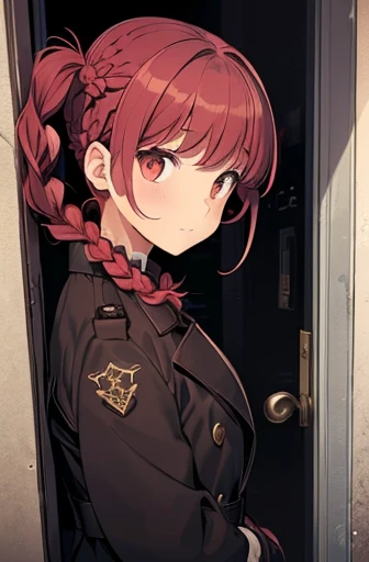 full body Esbian, fluffy hair,Red hair,Fishing eyes, (((Braided shorthair))), ((asymmetrical length pigtails)), ((Keep your hair down)), Slightly red tide,Gold eyes,Black military uniform, Staring at me, Smile with a kind face, dark apartment late at night...