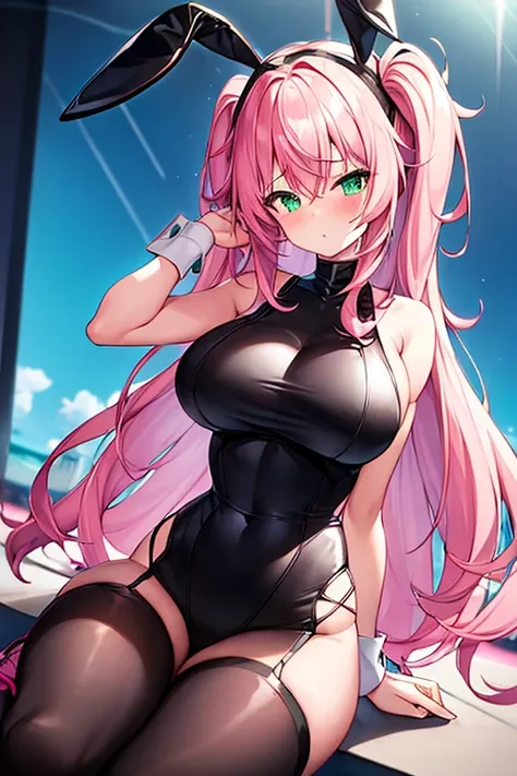 1girl, large breasts, wide hips, pink hair, long hair, green eyes, bodysuit, black bodysuit, shoes, sneakers, neon, tech, futuristic, science-fiction, pink neon trim, neon trim, sky, timid, blush, blushing, bunny ears, rabbit ears