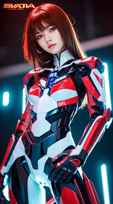 Textured skin, Super Detail, high details, High quality, Best Quality, hight resolution, 1080p, Gorgeous beauty、She wears a beautiful  Neon Genesis Evangelion   Girl with robot body、Red, blue and white