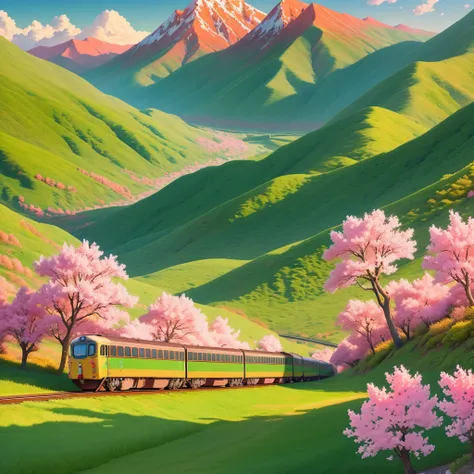 (digital painting),(best quality), (detailed), (illustration), (cartoonish), train moving, green mountain, cherry blossom trees, sunset