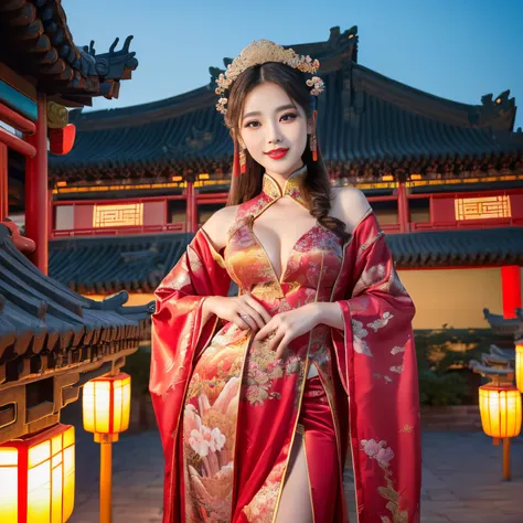 ((top-quality、masutepiece、8K、Top image quality、Highly complex and detailed depictions))、(Pictures of majestic and beautiful Chinese princesses:1.5)、Beautiful Chang&#39;an city at night、((The most gorgeous and majestic Chinese princess huge costume、the most...