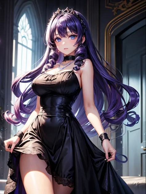 A beautiful woman with long curly violet hair, drill curls, side-swept bangs, sharp blue eyes, light skin, wearing a sparkly black dress, black headband, and pearl necklace, inside of a fancy building, night time.