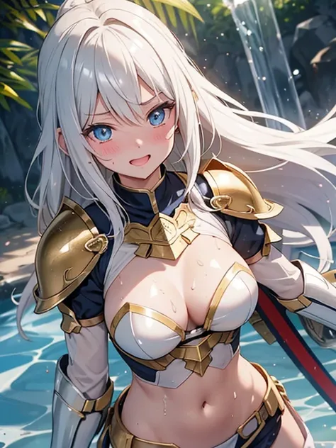 Female Hero、chest up shot,embarrassed, blushed cheek, 　Armed with swords and shields、bikini-armor、tie side togs, light helmet, 　The armor is white metal with gold trim、Bikini armor is made of transparent material with shiny gold paint, ultra cute, innocent...