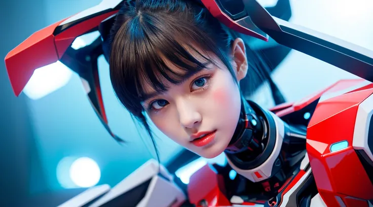 Textured skin, Super Detail, high details, High quality, Best Quality, hight resolution, 1080p, Gorgeous beauty、She wears a beautiful Neon Genesis Evangelion Girl with robot body、Red, blue and white