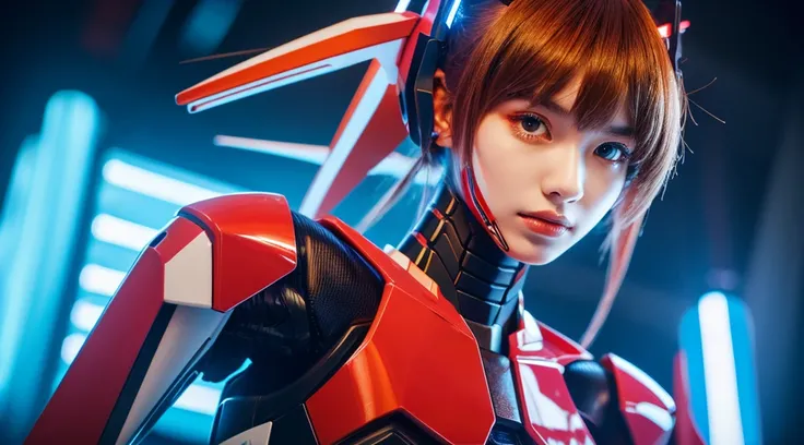 Textured skin, Super Detail, high details, High quality, Best Quality, hight resolution, 1080p, Gorgeous beauty、She wears a beautiful Neon Genesis Evangelion Girl with robot body、Red, blue and white