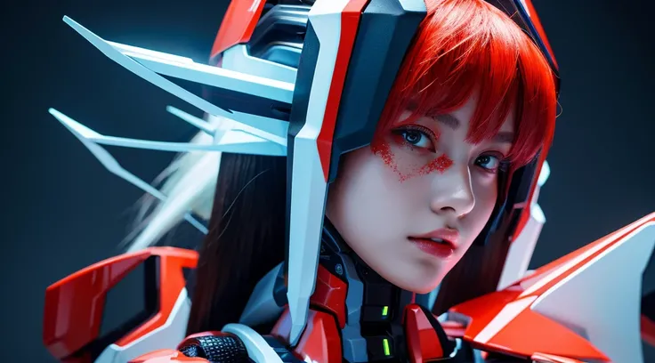 Textured skin, Super Detail, high details, High quality, Best Quality, hight resolution, 1080p, Gorgeous beauty、She wears a beautiful Neon Genesis Evangelion Girl with robot body、Red, blue and white