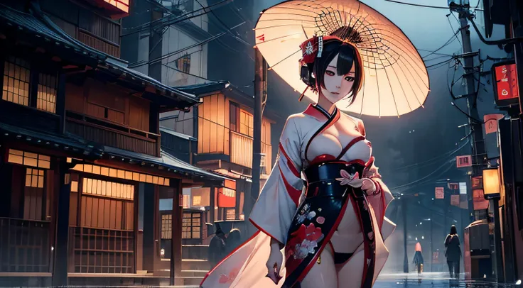 Japanese mechanical geisha, beautiful image, (highly detailed face 1.6), (detailed legs 1.2), (detailed feet 1.2), hourglass body, traditional geisha outfit, lingerie, dark anime, rain, neon, darkness, highly detailed, maximalist, science fiction, dystopia...