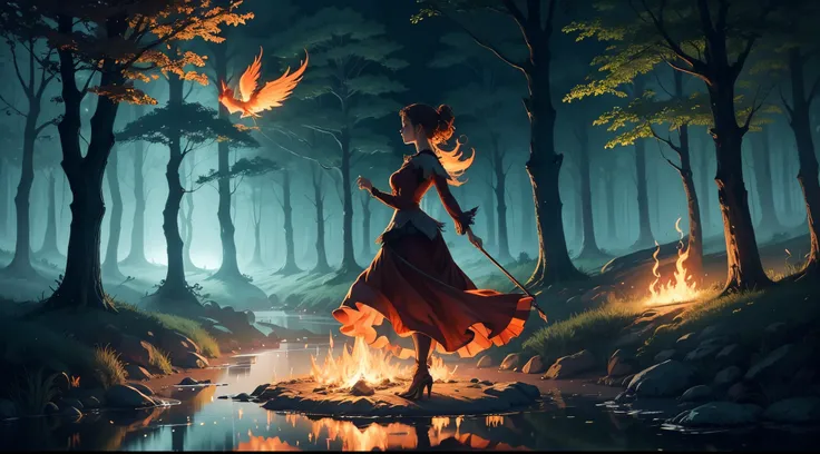 A flaming fairy hovers over a stream in the middle of a night forest, her flames reflect on the water, highlighting her graceful silhouette, the forest is full of magical creatures watching, the atmosphere is one of enchantment and serenity, Illustration