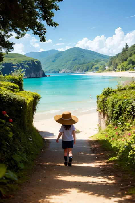 small child doll outdoors，portrait of a full body，5years old，happily laughing，mini cute toddler、a straw fedora hat、Strong bokeh、red crab on the sandy beach、Taken from behind