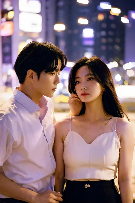 two couples are starred each other, at the middle of the park, blooming night with the city light vibes, blooming flower vibes, finely detailed skin, Korean style lighting, poster korean drama style, detailed face:1.2, sharp focus, Hasselblad photography, ...