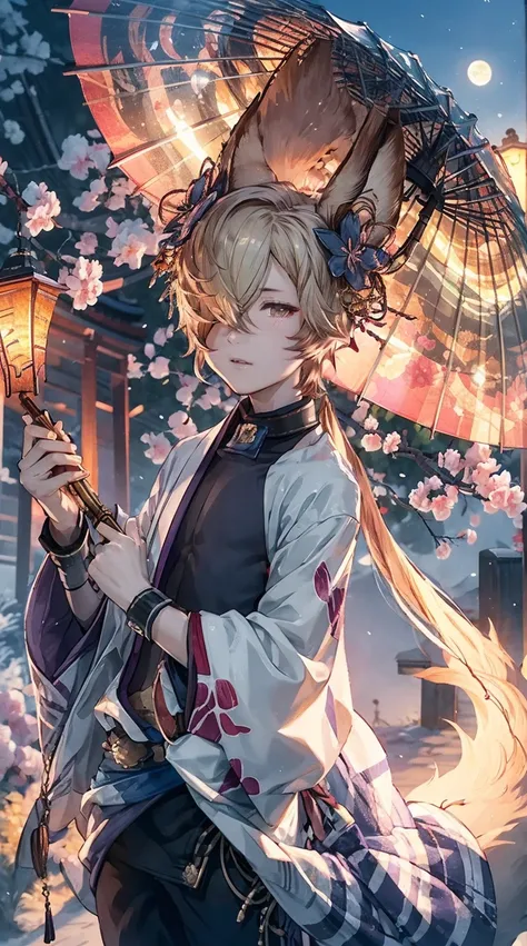 1boy,solo, fox year,kimono,he has a Japanese umbrella,cherry blossoms,At the shrine,the moon that shining over him,Best quality, 8K, masterpiece,ultra detailed