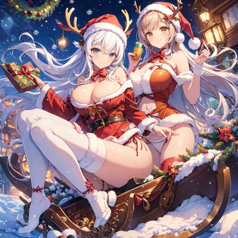 In the snowy city in winter,Loose and fluffy Santa costume,Chest is shaking,Wrap the body with ribbon,loose socks,Christmas tree,Beautiful and dreamy night view,light pink colored hair,Orange eyes,Reindeer and sleigh,ecstasy on the sleigh,There are many gi...