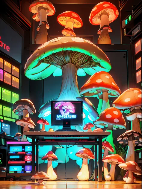 (RAW Photos, Best Quality), (animesque: 1.2), ((e-sports)), (((Mushroom-shaped PC that shines in seven colors))), ((neon mushroom)), gaming mushroom, supreme curvaceous beauty, (((Computer Room)), ultra-detailliert, Professional Lighting, Photon mapping, P...