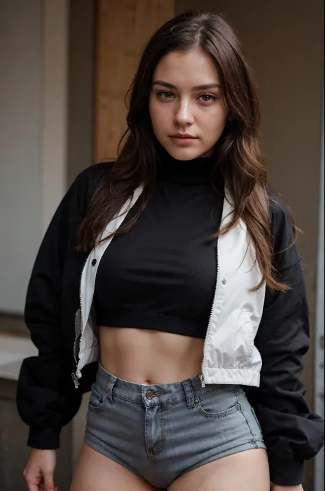 photography of a 20yo woman, perfect face, masterpiece, underwear, black_pullover, jacket, black_jeans, close to face, biometric, profile picture, close, same face, fully clothed