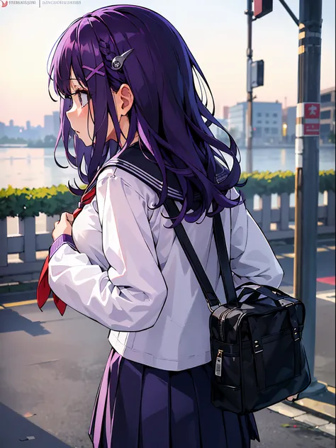 masterpiece, best quality, ultra-detail, 1girl, solo, hair ornament, bags under eyes, (school uniform, serafuku:1.1),  oversized clothes, long sleeves,  (sleeves past wrists:1.1), skirt, pendant, outdoors, purple hair, from behind, profile, purple hair, br...