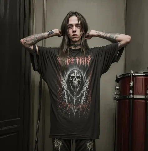 Metalhead wear shirt blasphemy >boy played drum in concert,long hair,band metal, black metal, dark,drummer,rock,opeth,wet hair,studio,satanic