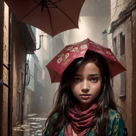 masterpiece, best quality, highly detailed,{{1girl}}, outdoors, raining, dark alley,  umbrella,  a girl wearing saree, (flower) in her head, in the street of dhaka, rainy day