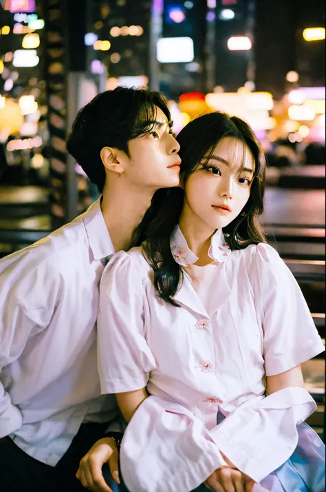 two couples are starred each other, at the middle of the park, blooming night with the city light vibes, blooming flower vibes, finely detailed skin, Korean style lighting, poster korean drama style, detailed face:1.2, sharp focus, Hasselblad photography, ...