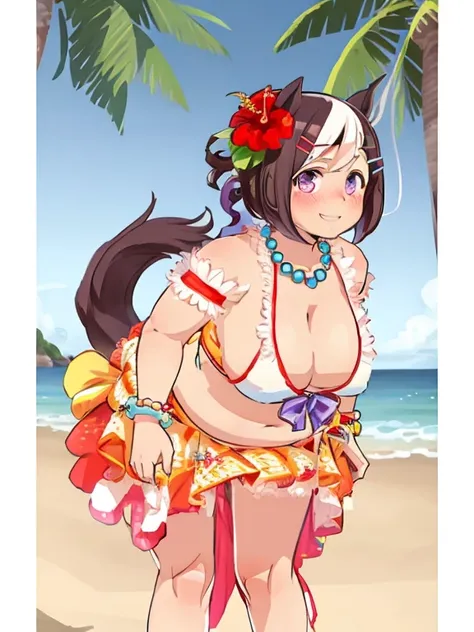 fat special_week_(umamusume), fat arms, fat butt, thick thighs, checkered bikini, bikini skirt, necklace, jewelry, hair flower, red hair flower, hibiscus, hairclip, bracelet, looking at viewer, smile, blush, horse tail, (leaning forward:1.5), standing, bea...