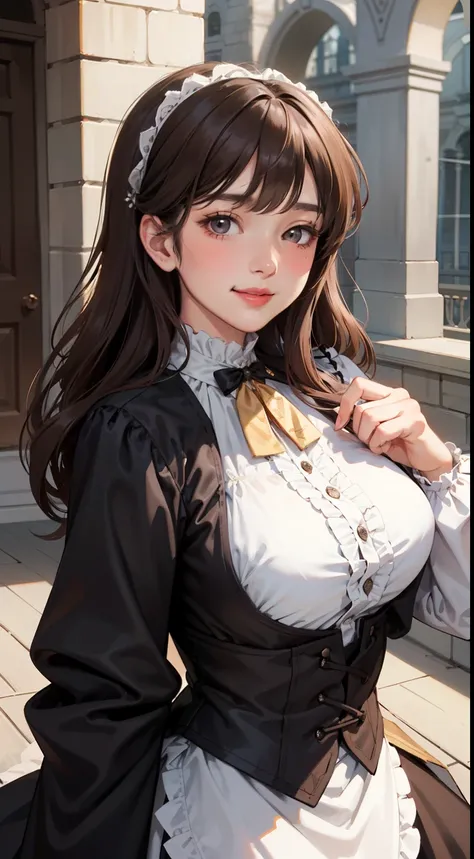 1lady solo, (Victorian female clothe), (dark brown hair) bangs, blush light smile, (masterpiece best quality:1.2) delicate illustration ultra-detailed, large breasts BREAK