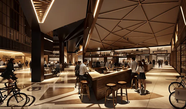 People walking around a restaurant with a bar and bicycles, foster and partners, artistic impression, building rendering,  hyper realisitc, hyper realisitc, detailed renderings,  photoreal render, Award-winning rendering,  a digital rendering, cavernous in...